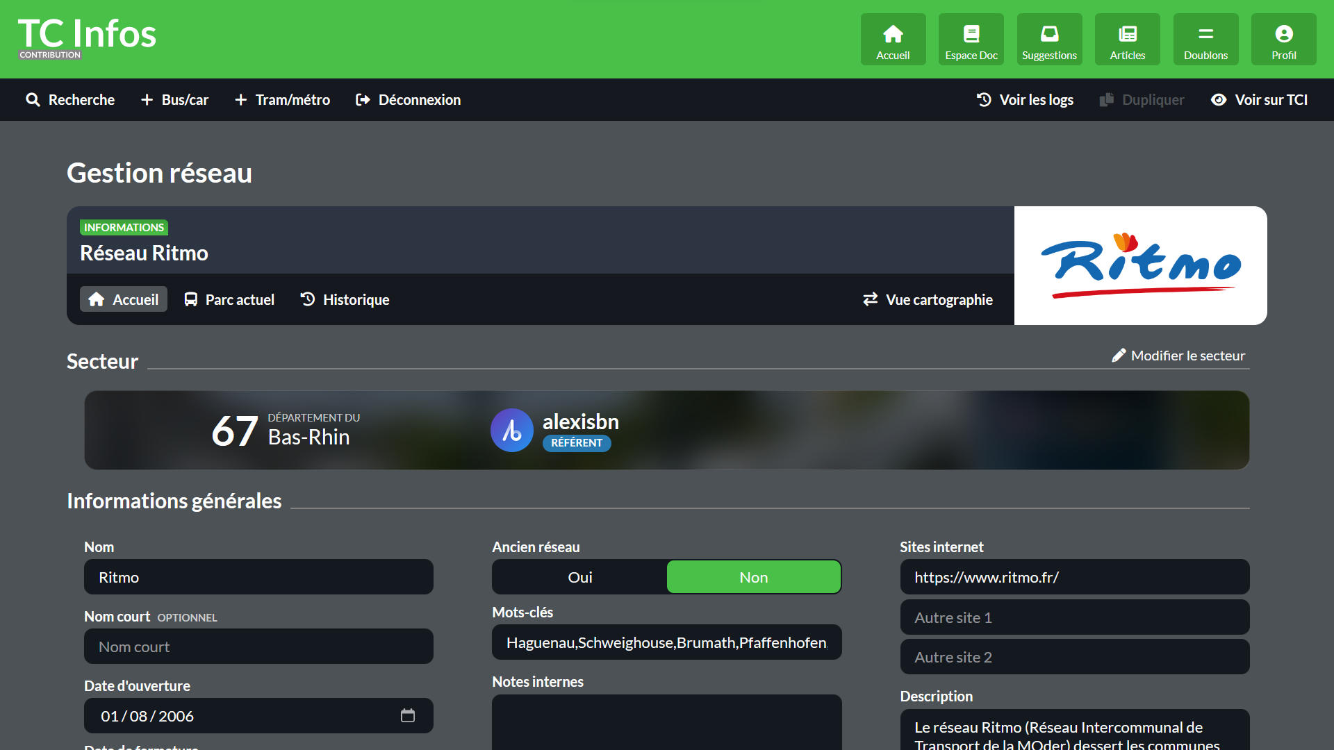 Capture d'écran de l'espace contribution de TC Infos